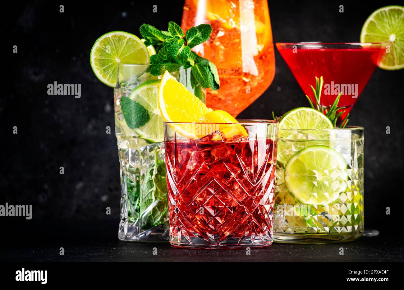Most popular cocktail drinks set aperol spritz, negroni, mojito, gin tonic and cosmopolitan on