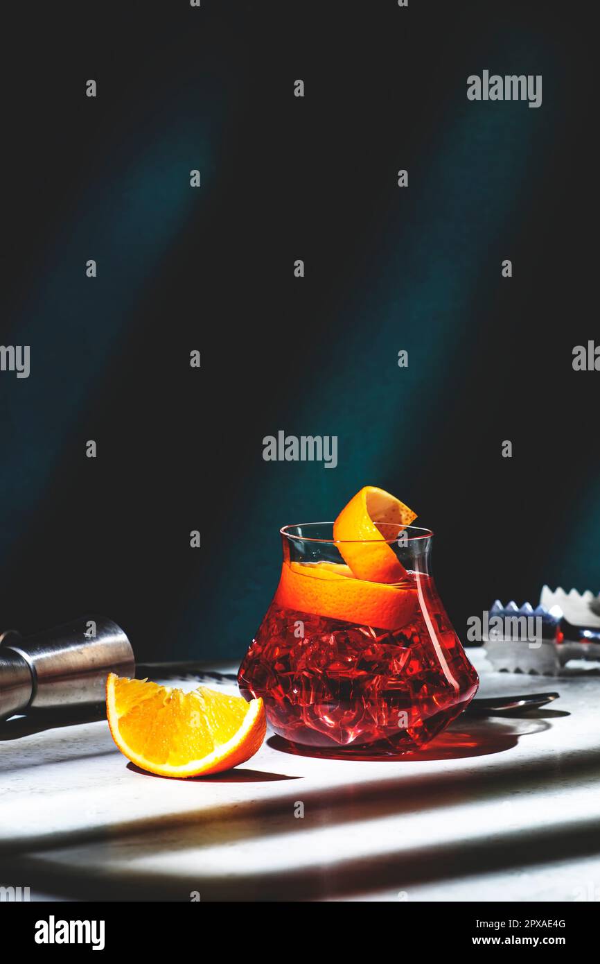 Boulevardier alcoholic cocktail drink with bourbon, vermouth, bitter