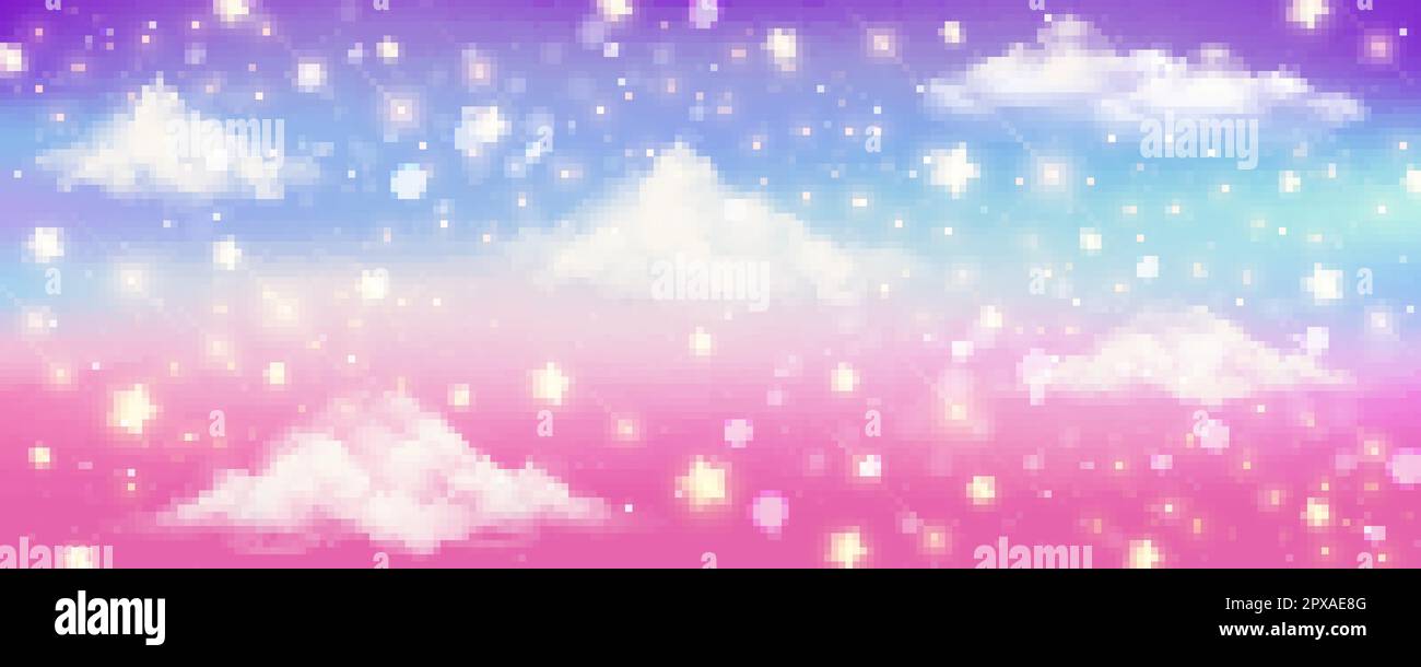 Pink sky background with clouds and stars. Pastel color abstract dreaming illustration. Magic heaven wallpaper. Cute unicorn landscape. Vector Stock Vector