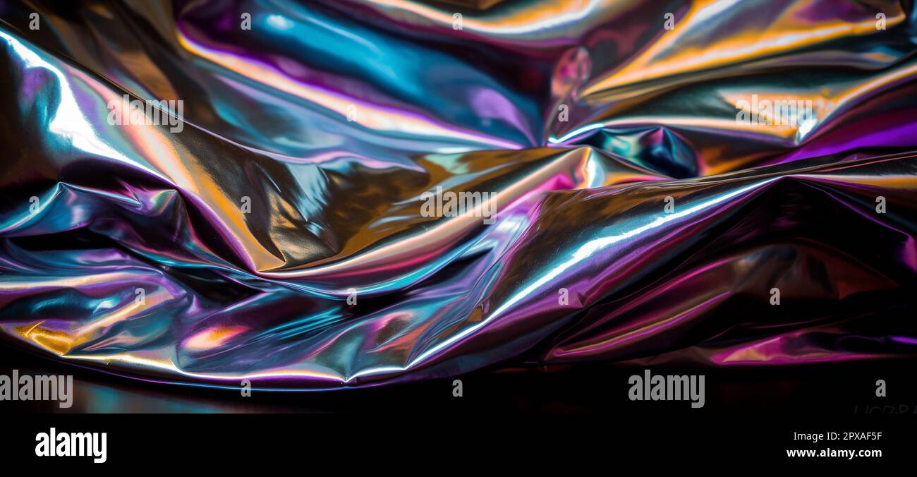 Holographic real texture in blue pink colors with scratches and irregularities. Holographic color wrinkled foil. Holographic rainbow foil abstract bac Stock Photo