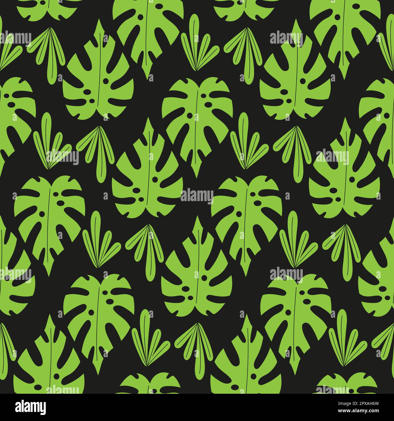 Seamless pattern with green tropical palm leaves on black background ...