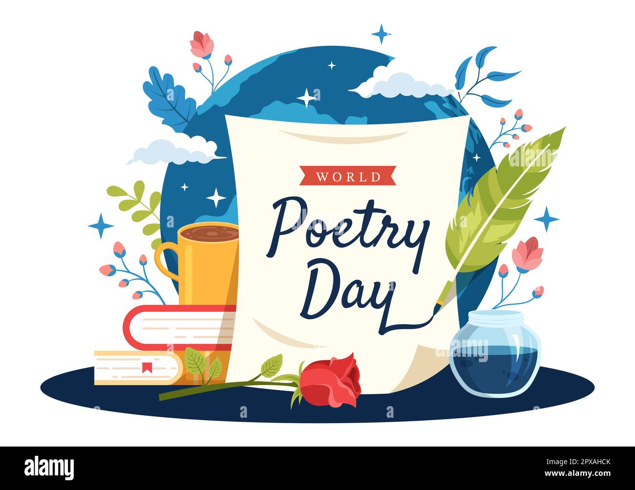 World Poetry Day on March 21 Illustration with a Quill, Paper or