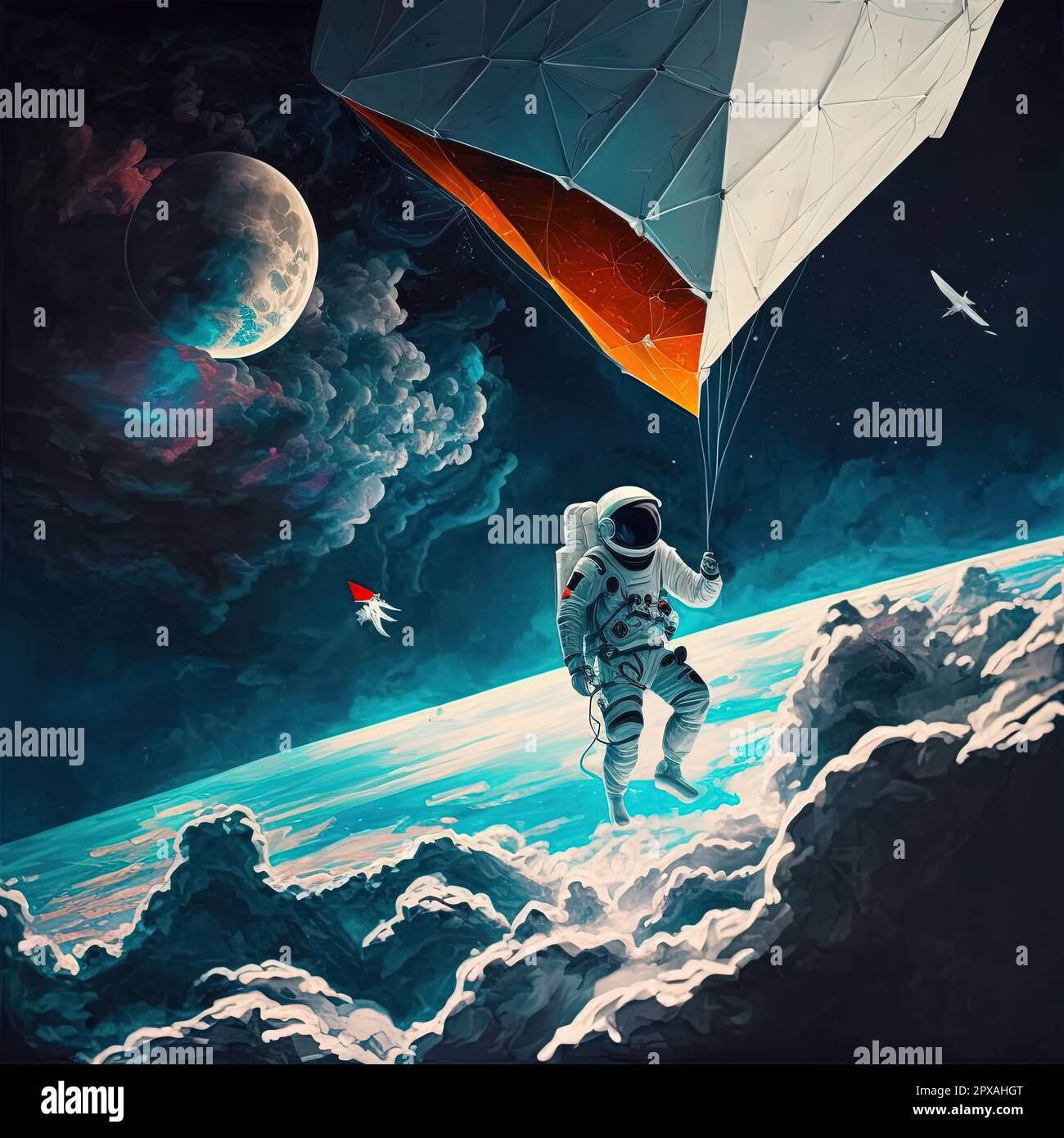 This painting depicts an astronaut flying a kite in space, with the