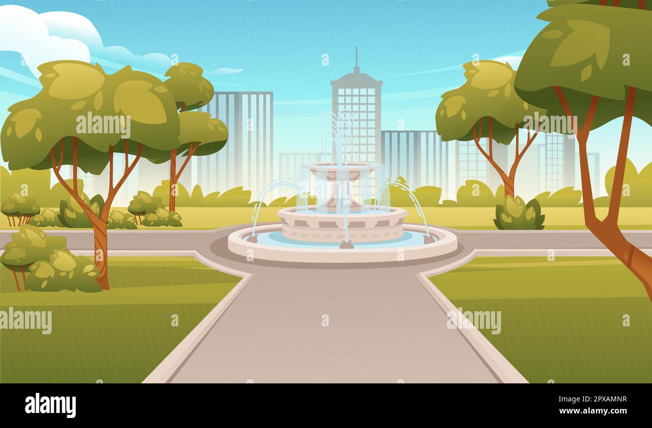 Spring or summer park landscape with trees fountain and modern city on ...