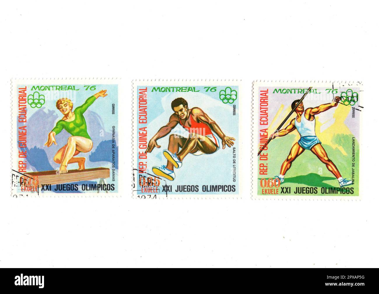 Vintage postage stamps from Equatorial Guinea isolated on a white background. Stock Photo