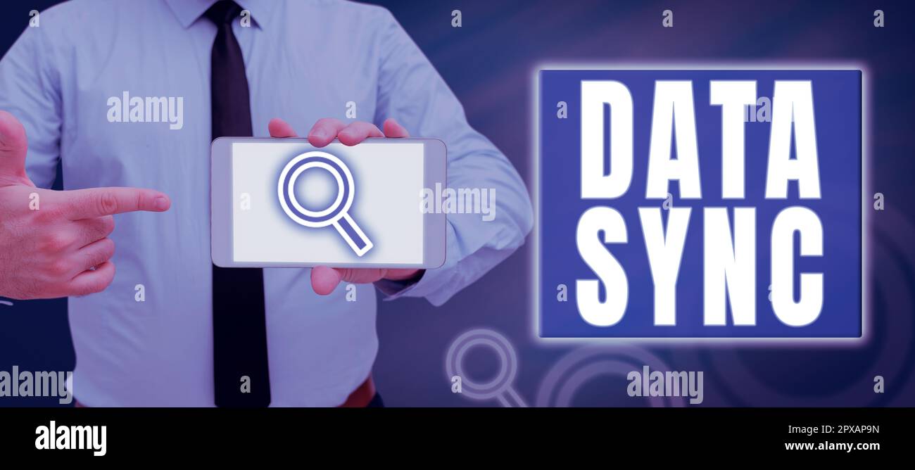 Conceptual display Data Sync, Conceptual photo data that is continuously generated by different sources Stock Photo