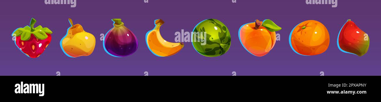 Casino fruit slot machine vector set. Cartoon icon design for match 3 game  interface. Glossy and shiny apple, grape, pear, lemon and cherry asset gamb  Stock Vector Image & Art - Alamy