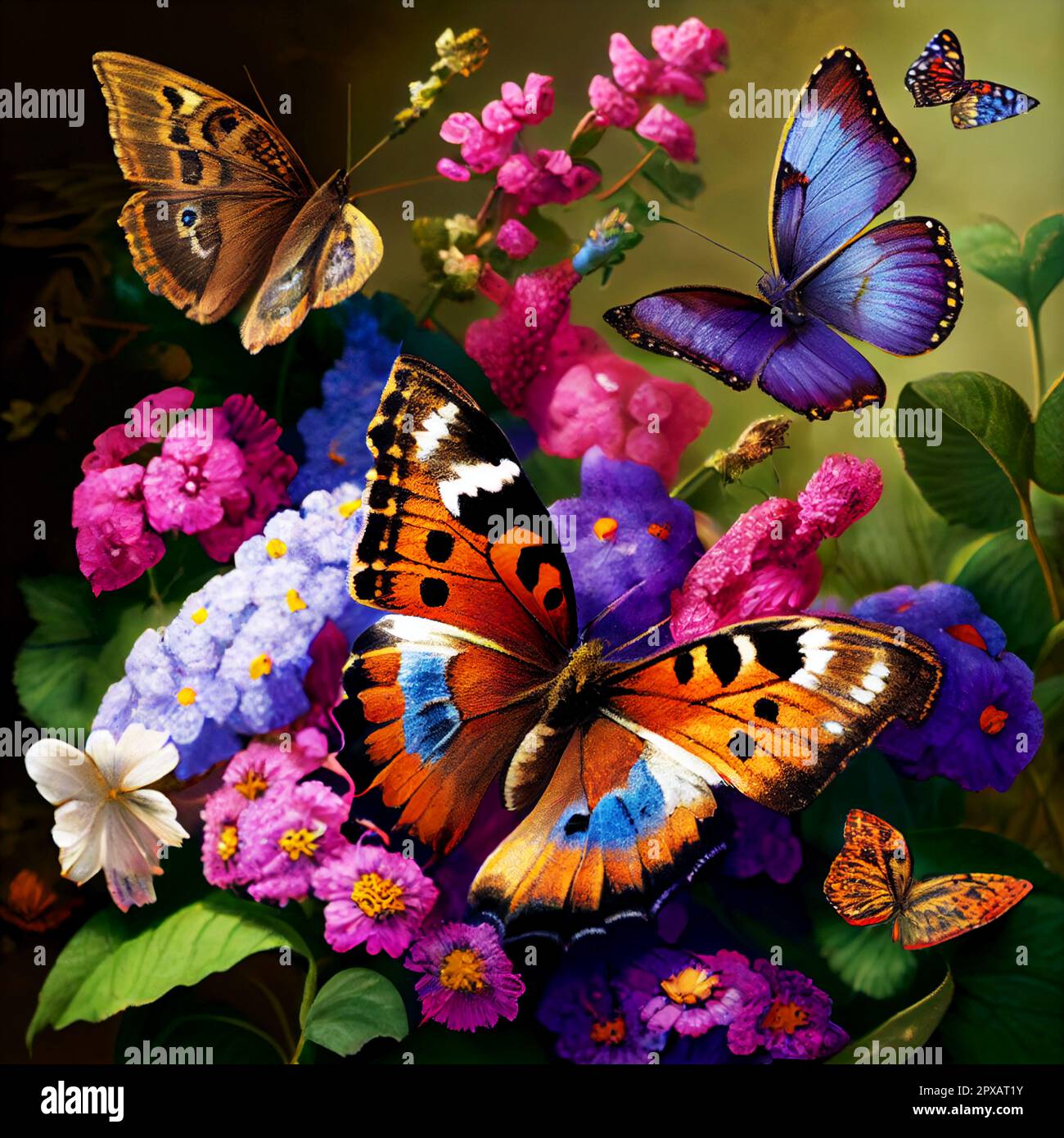 A kaleidoscope of butterflies flock to the garden annuals. Illustration
