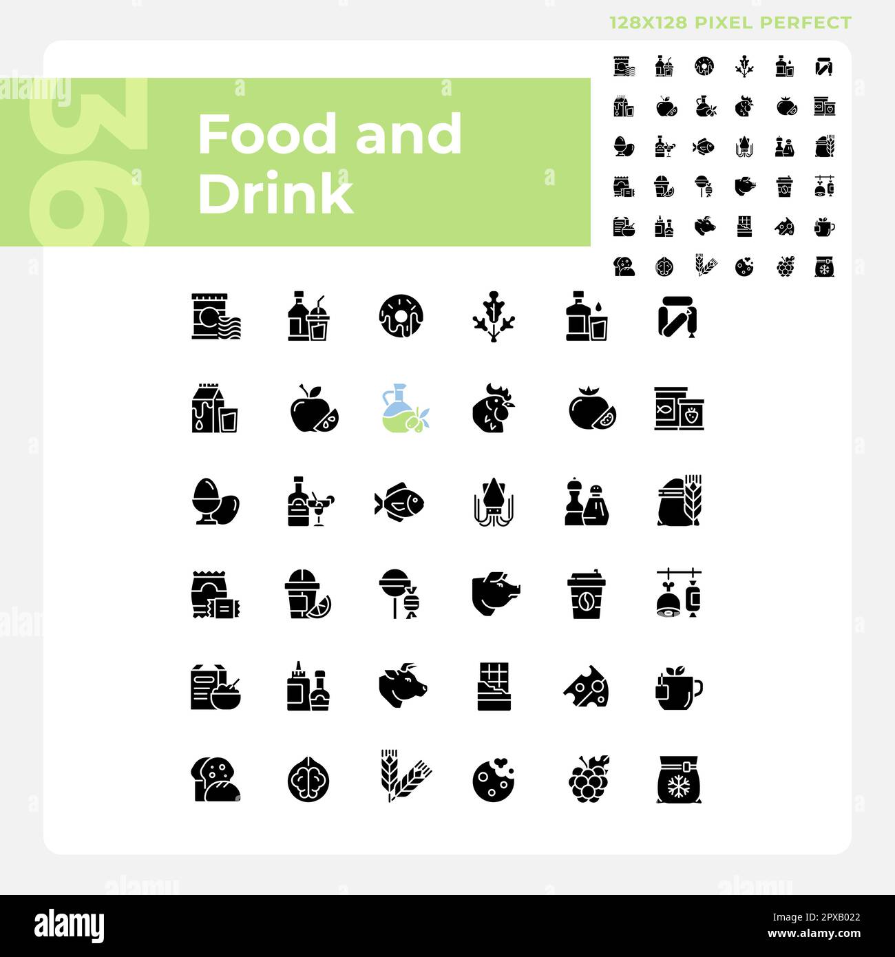 Food and drink pixel perfect black glyph icons set on white space Stock Vector