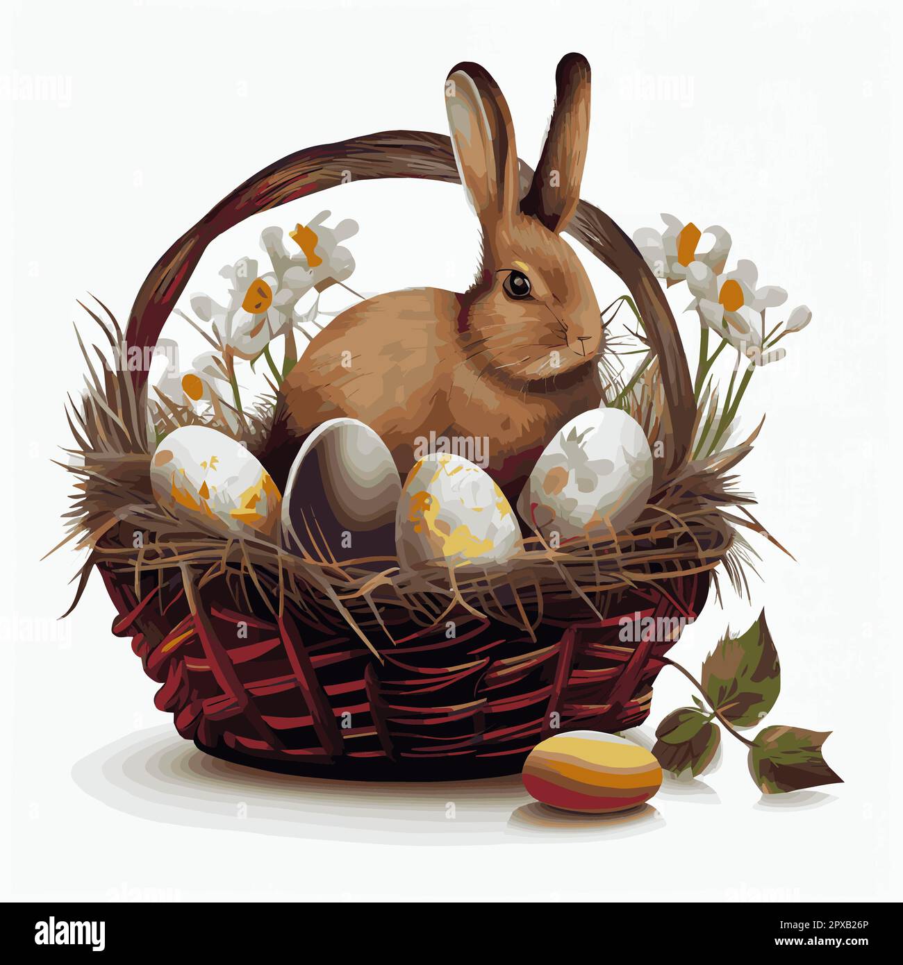 Festive basket with cute rabbit and easter orthodox eggs on a light ...