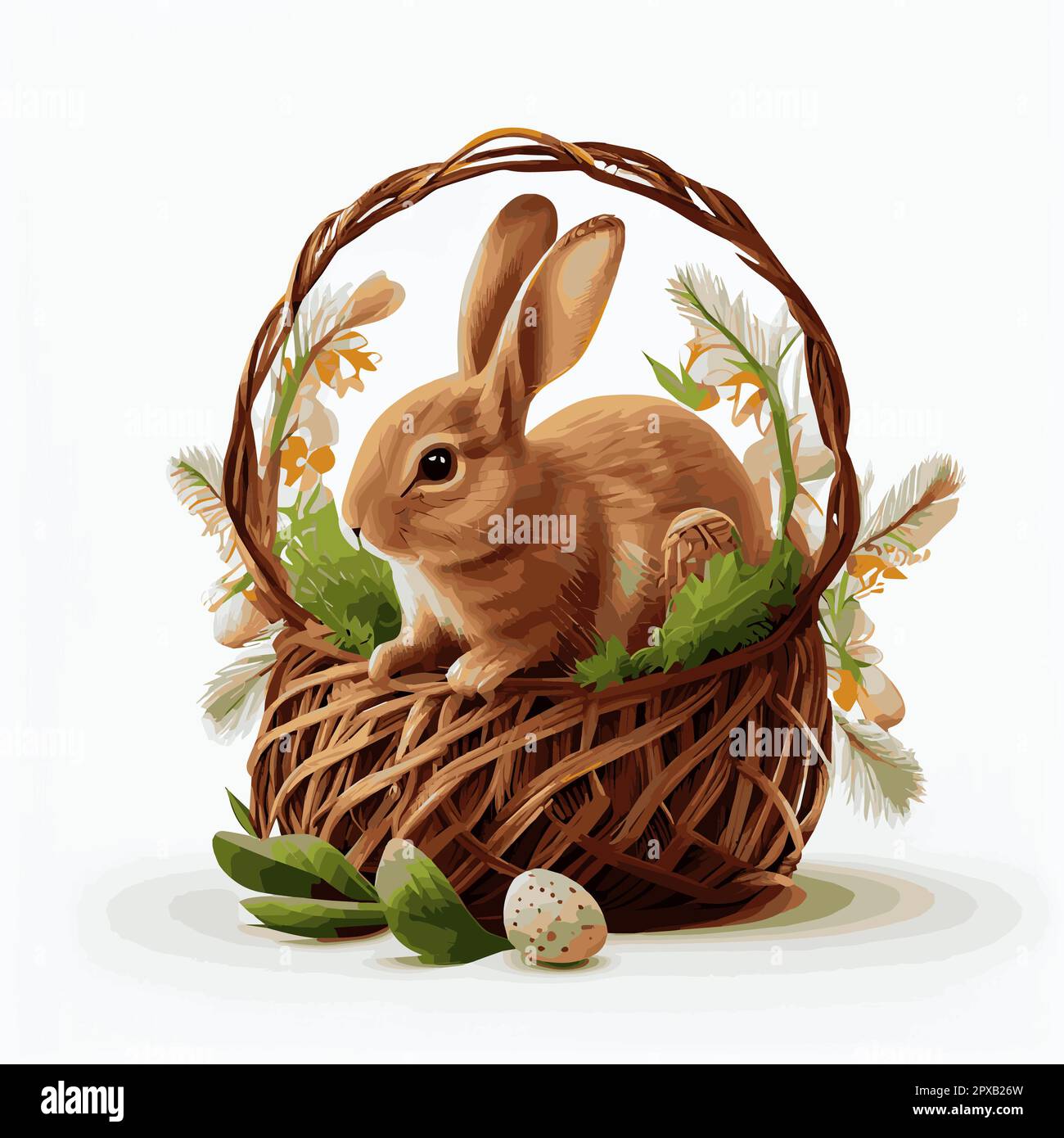 Festive basket with cute rabbit and easter orthodox eggs on a light ...