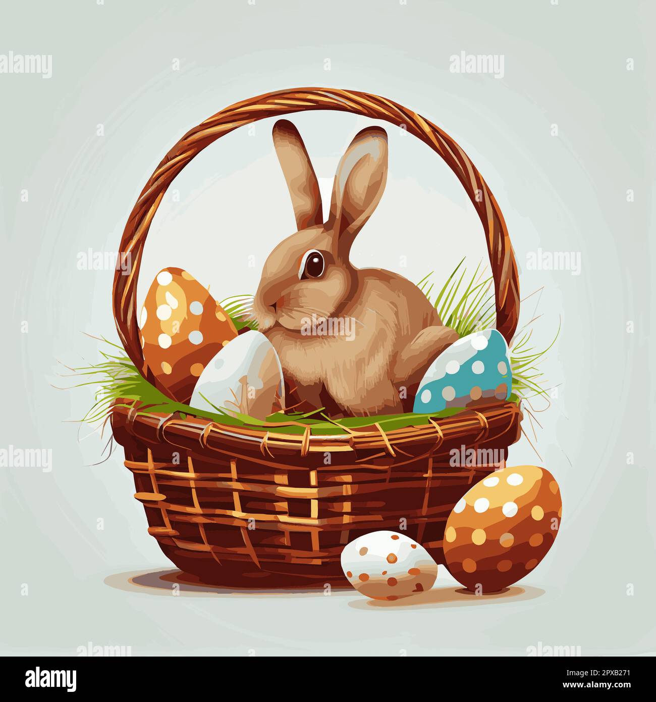 Festive basket with cute rabbit and easter orthodox eggs on a light ...