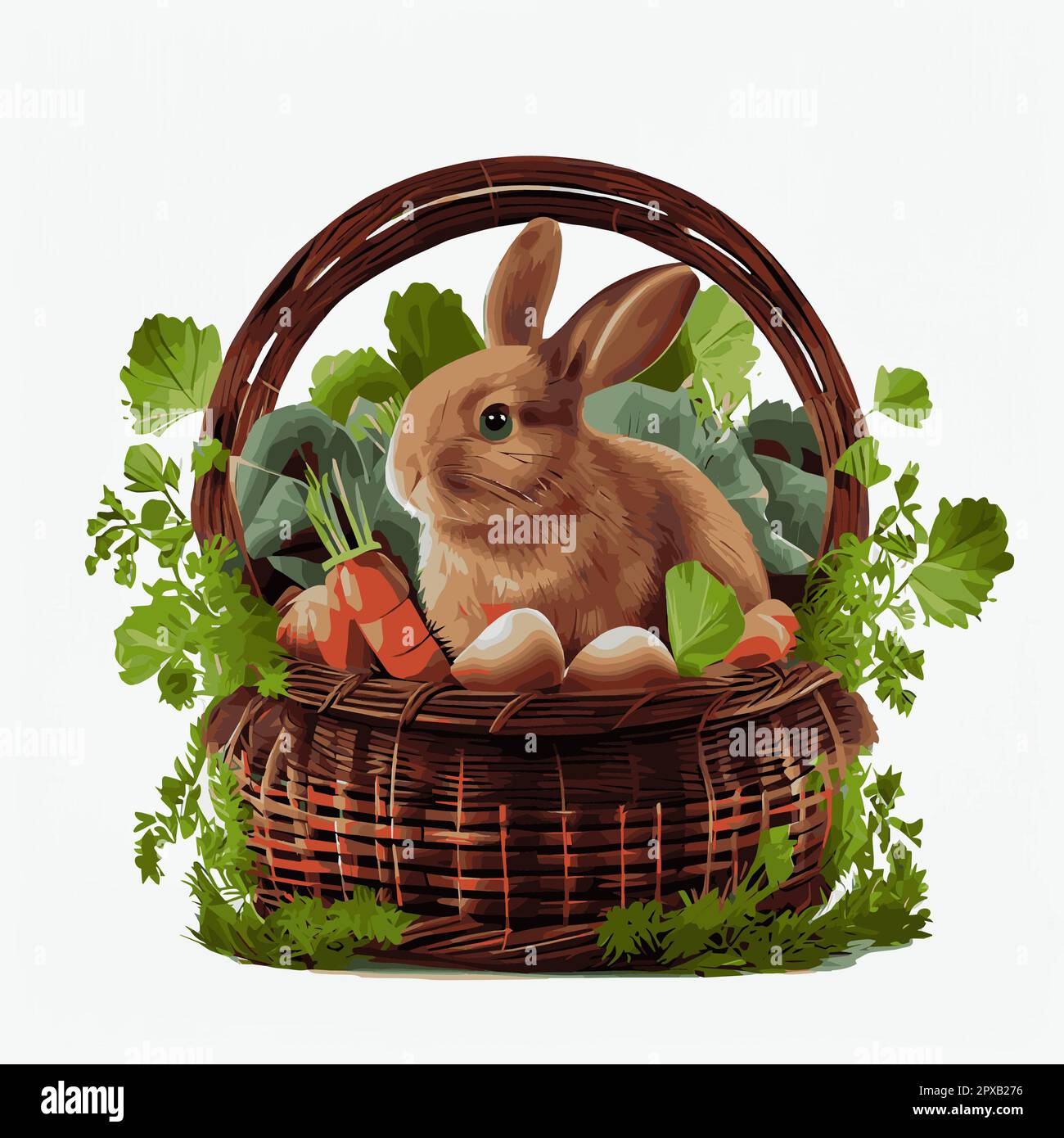 Festive basket with cute rabbit and easter orthodox eggs on a light ...