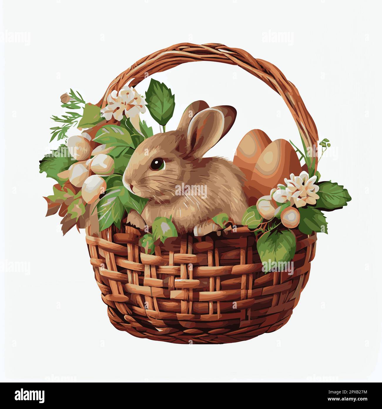 Festive basket with cute rabbit and easter orthodox eggs on a light ...