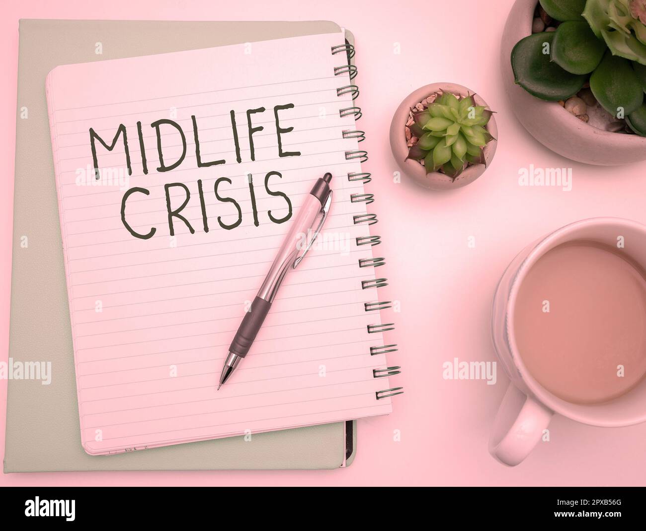 Text caption presenting Midlife Crisis, Business idea Software development technique Decomposing an application Stock Photo
