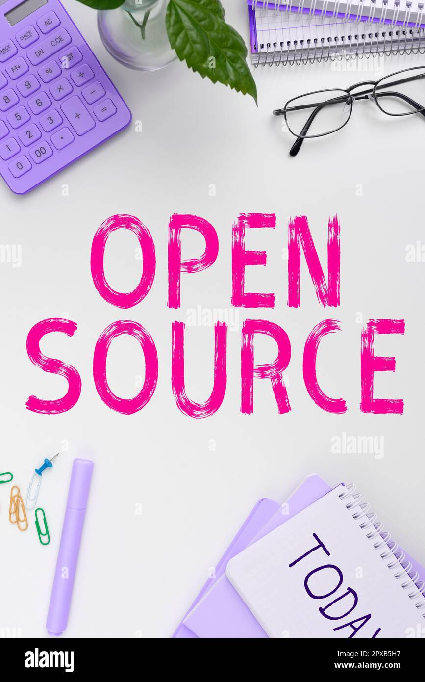 Text showing inspiration Open Source, Word for denoting software which original source code freely available Stock Photo