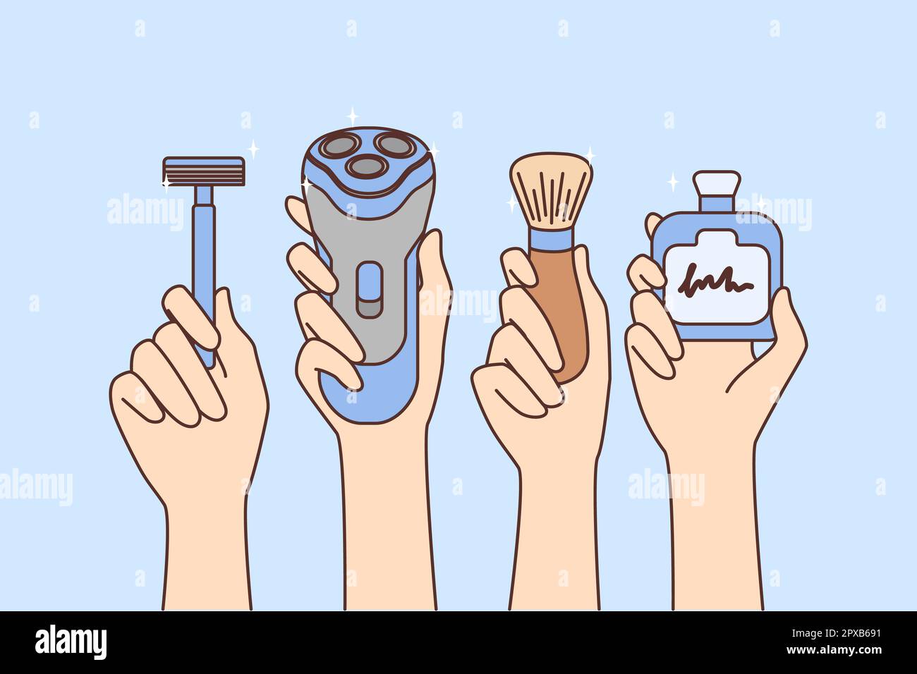 Hands holding different tools for shaving. People with shave