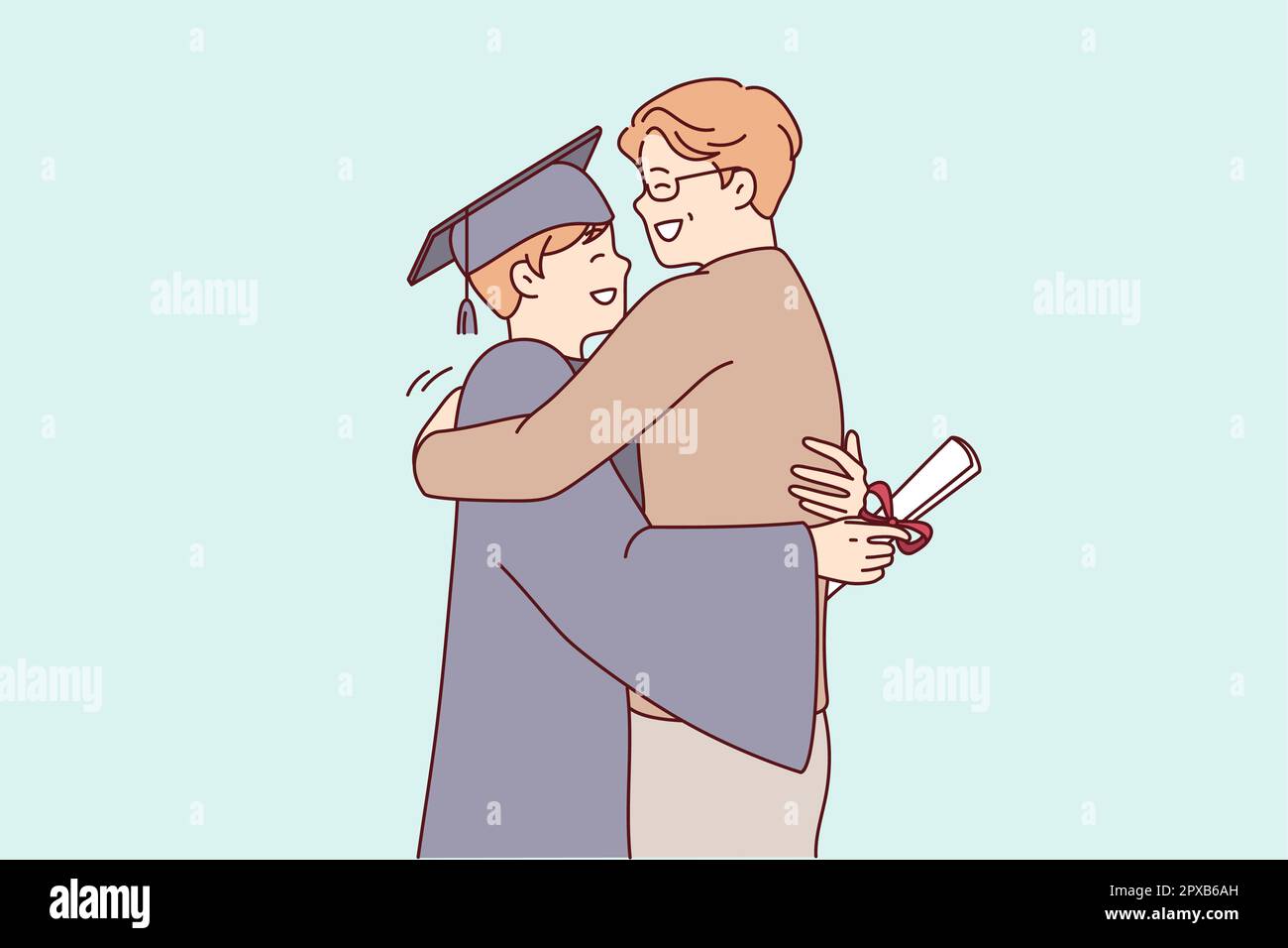 Young guy university graduate in academic robe hugs father after receiving diploma of higher education. Proud man with son during ceremony to mark end Stock Photo