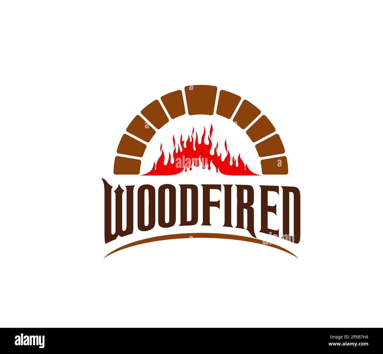 Fireplace, firewood chimney and hearth icon with fire in brick oven, vector symbol. Pizzeria, restaurant or grill bar and bakery sign of fireplace and Stock Vector