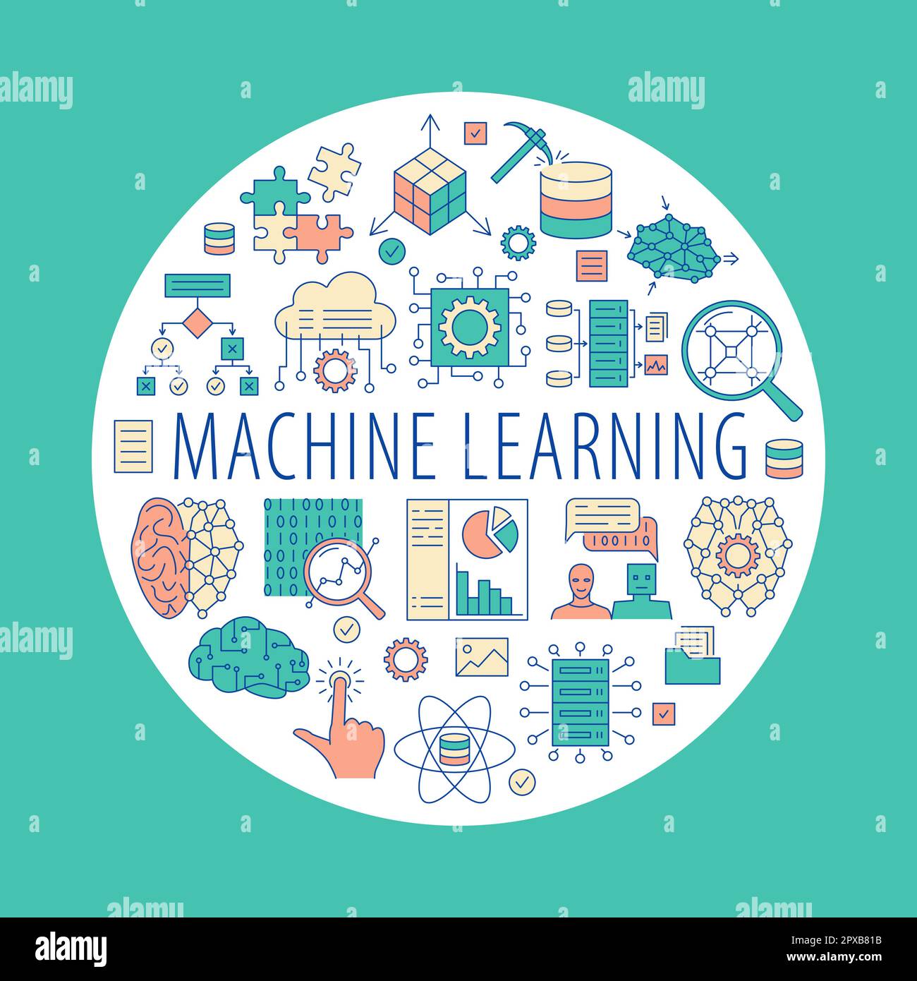 Machine learning round banner in colored line style. Data science and ...