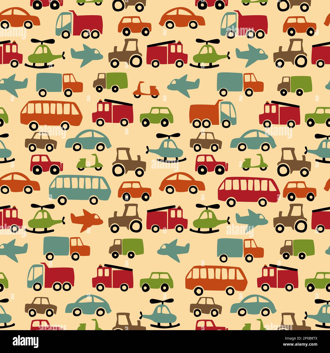 Funny print with vehicles drawn by children. Cute vehicles pattern Stock Vector