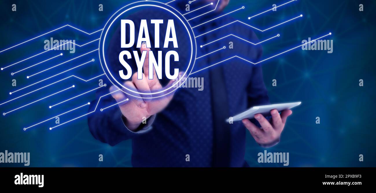 Conceptual display Data Sync, Word for data that is continuously generated by different sources Stock Photo