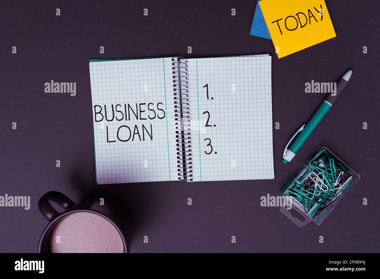 Text caption presenting Business Loan, Internet Concept Credit Mortgage Financial Assistance Cash Advances Debt Stock Photo