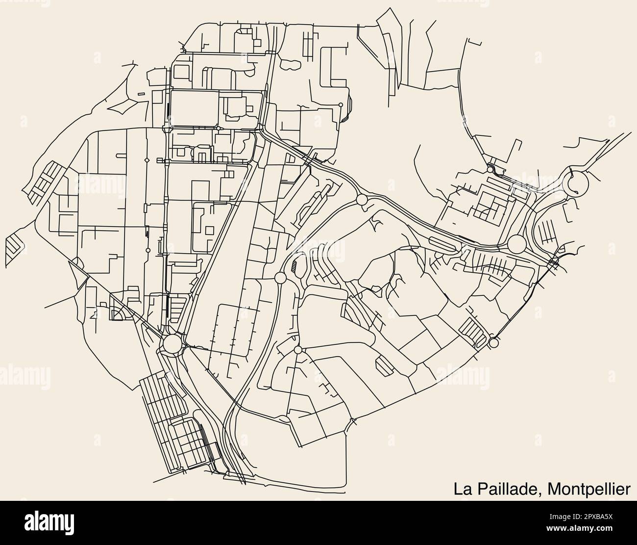 Street roads map of the LA PAILLADE NEIGHBOURHOOD, MONTPELLIER Stock
