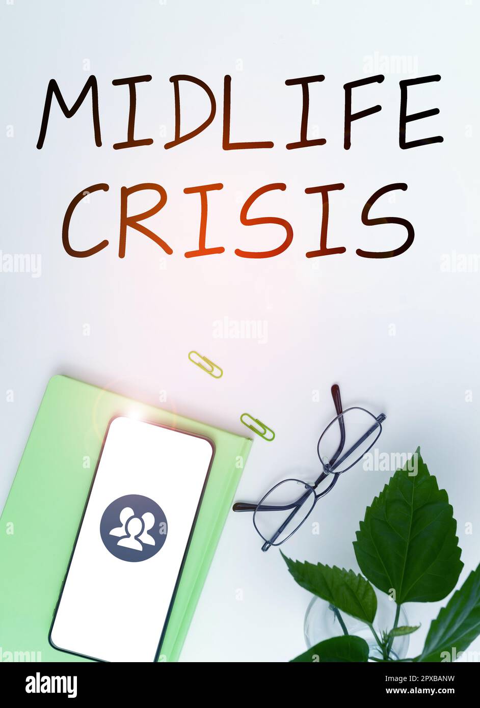 Writing displaying text Midlife Crisis, Word for Software development technique Decomposing an application Stock Photo