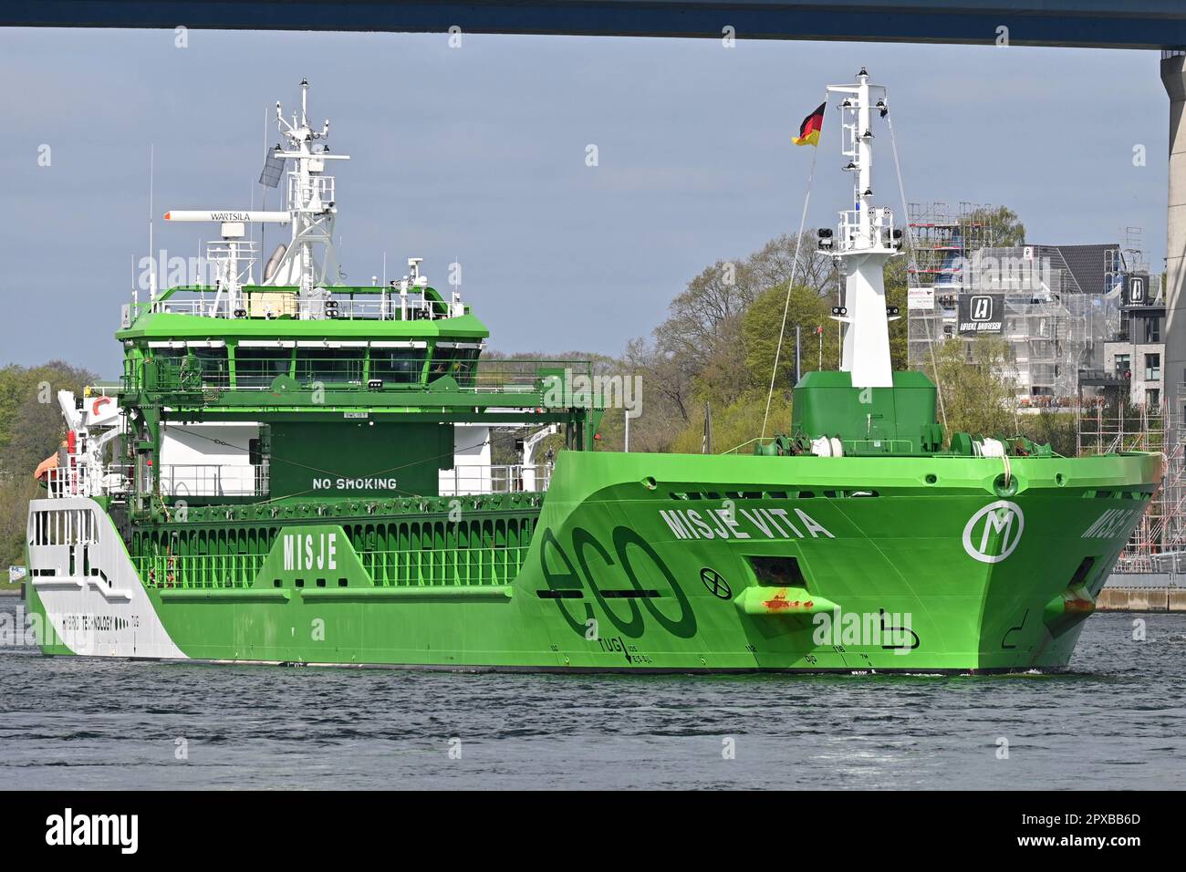 Hybrid powered General Cargo Ship MISJE VITA passing the Kiel Canal for the very first time. Stock Photo