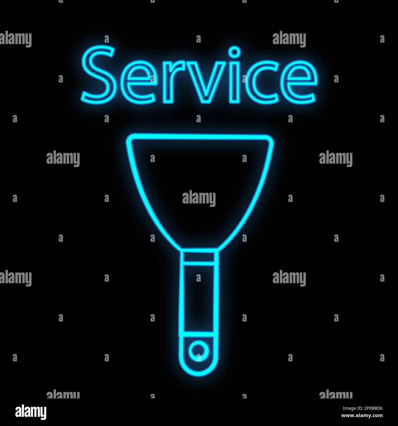 Bright luminous blue industrial digital neon sign for shop workshop service center beautiful shiny with a trowel for repair on a black background. Vec Stock Vector