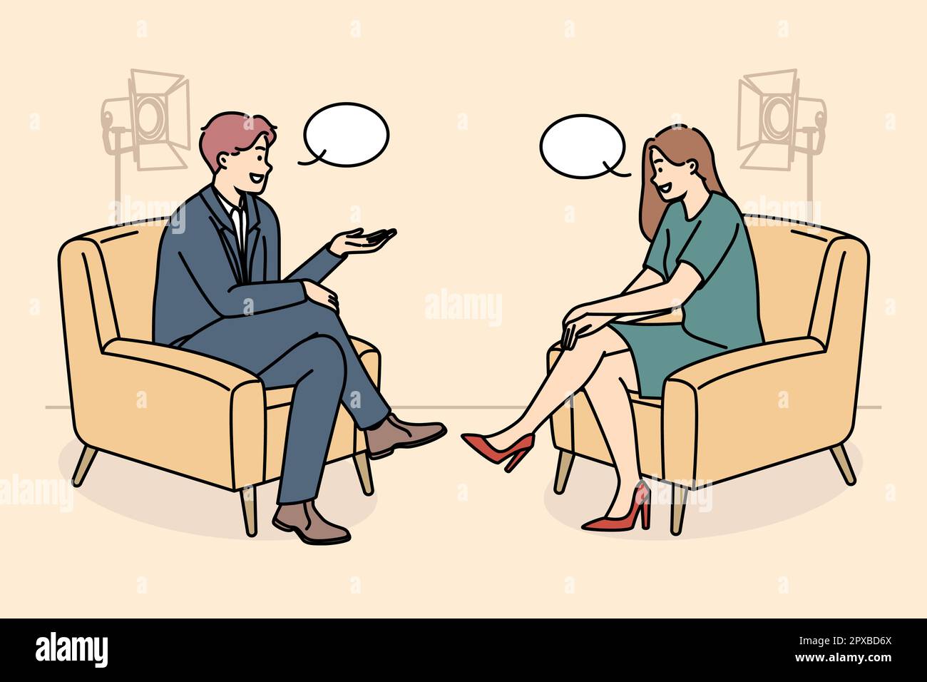 Smiling people sitting in chairs in studio filming TV program. Happy interviewer and interviewee have discussion shooting live broadcast. Vector illus Stock Photo