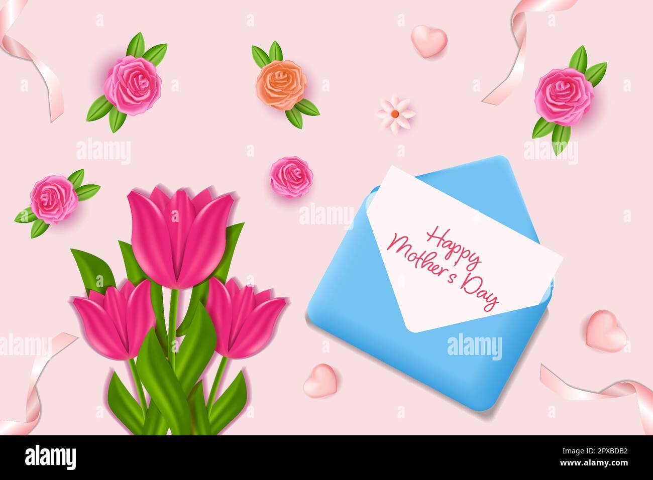 realistic happy mother's day banner illustration with flowers and envelope Stock Vector