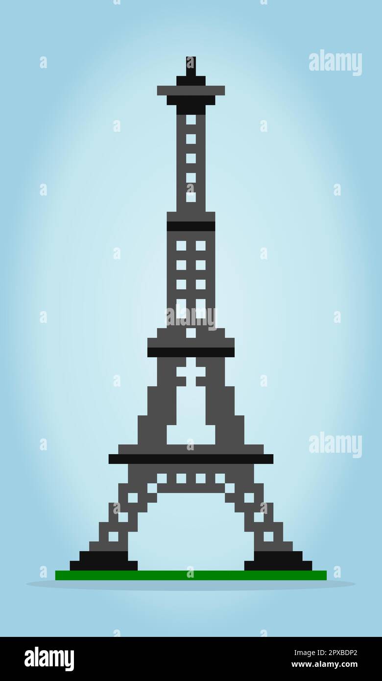 8-bit pixel eiffel tower image. Building in illustration of vector art of pixels. tower in france for game assets. Stock Vector