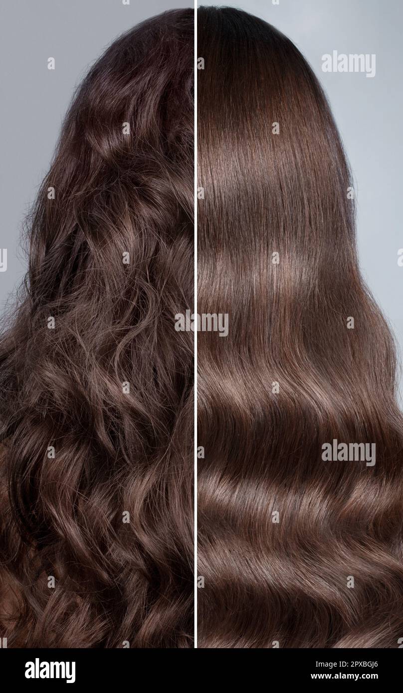 Woman before after curling her hair. Rear view, straight and curls.  Close-up Stock Photo - Alamy