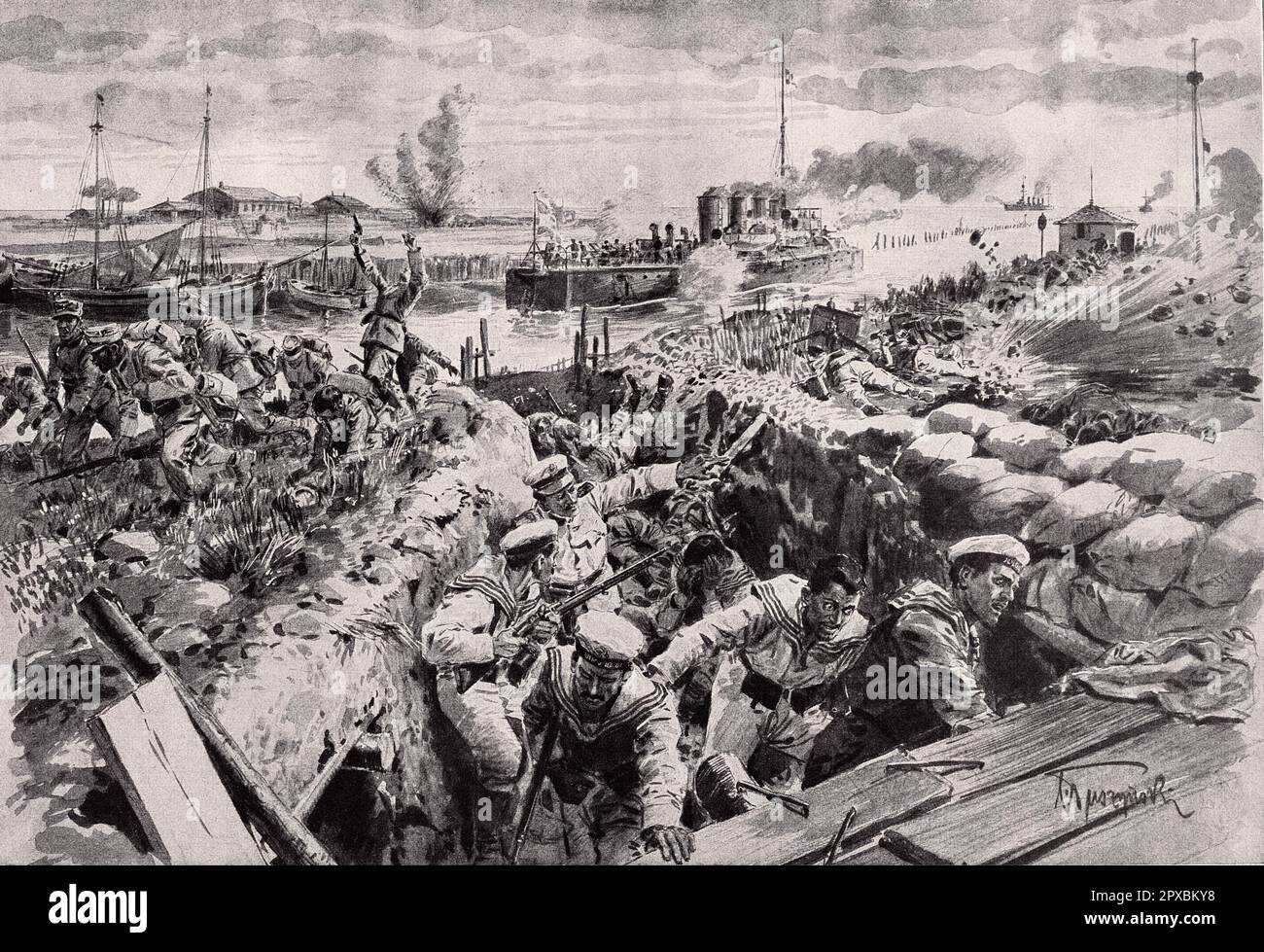 World War I.  Austria-Hungary at war. The glorious battle of the Austrian-Hungarian torpedo boat destroyer 'Scharfschusse' with Italian land troops in the channel of Porto Corsini leading to Ravenna on 24 May. 1914 Stock Photo