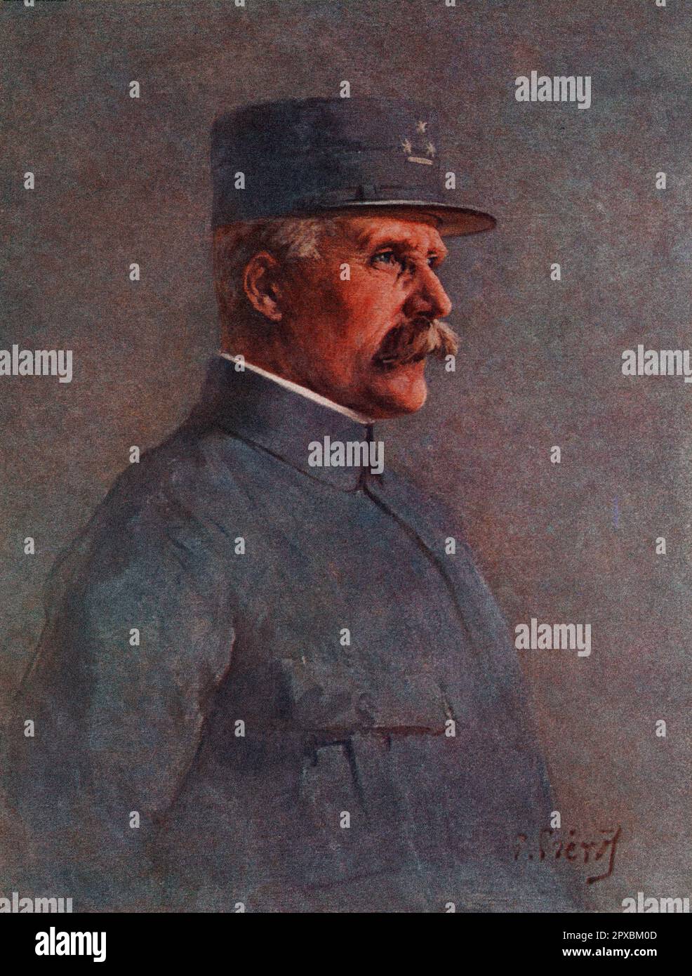 French general Petain.  Henri Philippe Benoni Omer Pétain (1856–1951), commonly known as Philippe Pétain or Marshal Pétain was a French general who attained the position of Marshal of France at the end of World War I, during which he became known as 'the Lion of Verdun' (French: le lion de Verdun). From 1940 to 1944, during World War II, he served as head of the collaborationist regime of Vichy France. Pétain, who was 84 years old when he became Prime Minister, remains the oldest person to become the head of state of France. Stock Photo