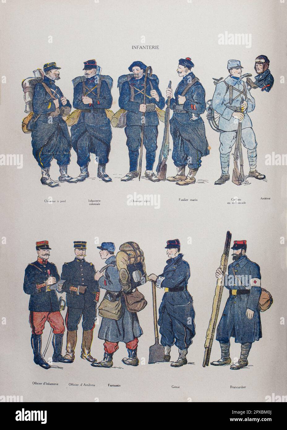 World War I. French army. Infantry.  Top, from left to right: Foot huntsman (Jäger). Colonial infantry. Alpine hunter. Marine rifleman. Cyclist in ambush. Aviator. Bottom, from left to right: Infantry Officer. Artillery Officer. Infantryman. Military engineer. Stretcher-bearer (paramedic). Stock Photo