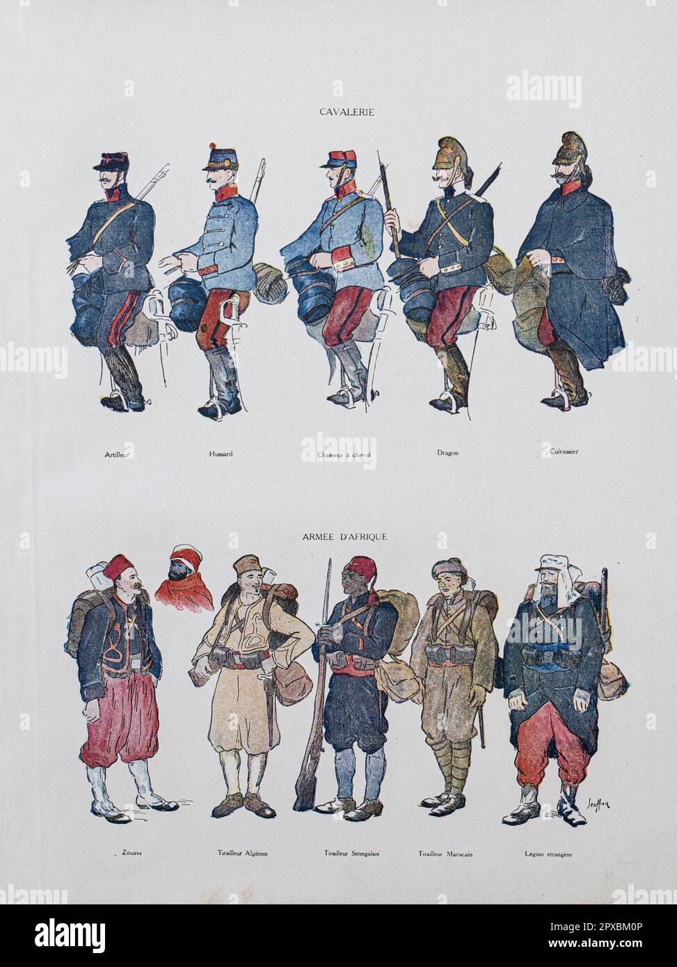 World War I. French army. Cavallry.   Top, from left to right: Artillerist (horse artillery). Hussar. Hunter on horseback (Jäger). Dragoon. Cuirassier.  French Africa troops.  Bottom, from left to right: Zouave. Algerian Rifleman. Senegalese Rifleman. Moroccan Rifleman. Soldier of Foreign legion. Stock Photo