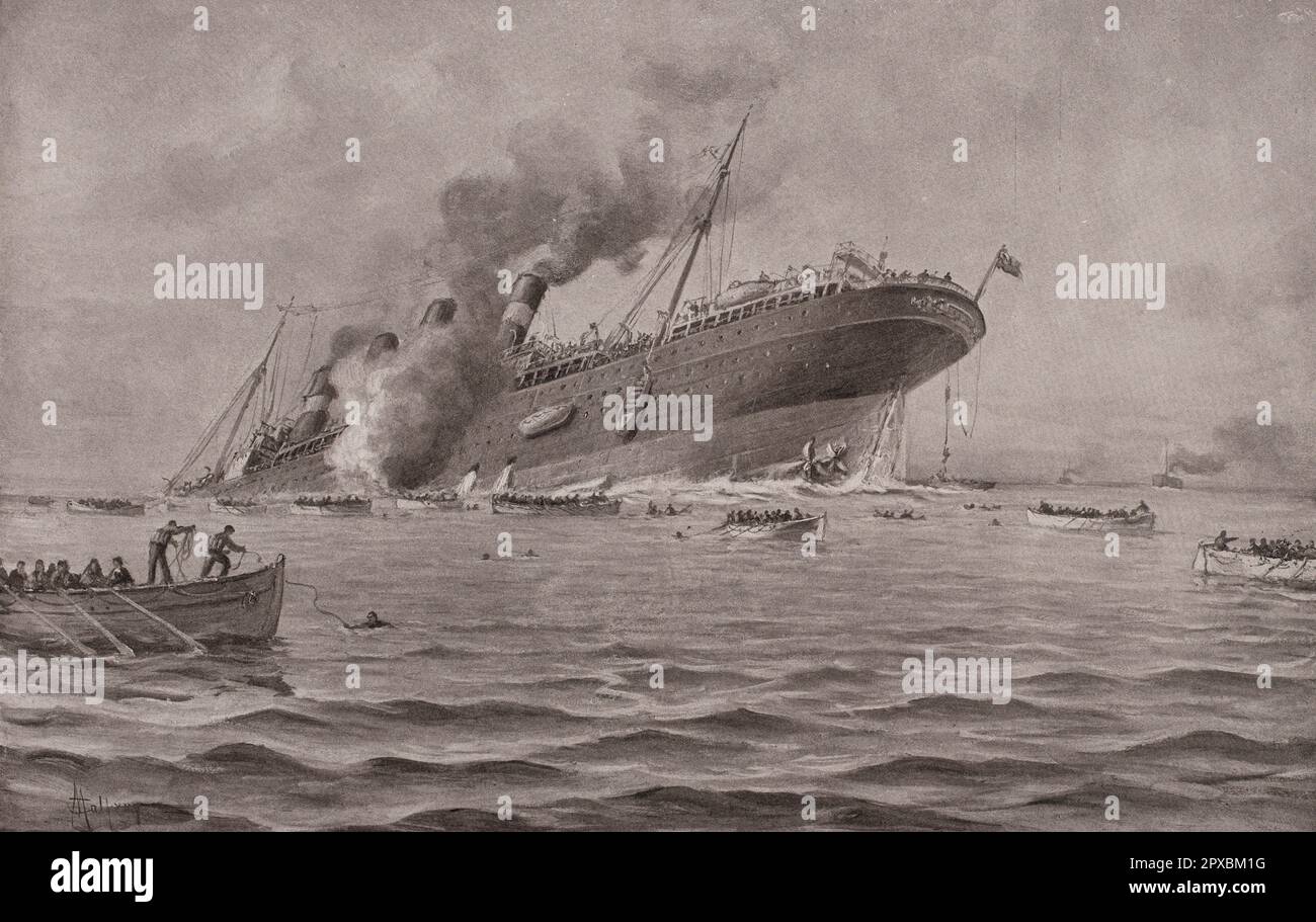 World War I. Torpedoing of the 'Lusitania'.  The RMS Lusitania was a British-registered ocean liner that was torpedoed by an Imperial German Navy U-boat during the First World War on 7 May 1915, about 11 nautical miles (20 kilometres) off the Old Head of Kinsale, Ireland.   761 people survived out of the 1,266 passengers and 696 crew aboard, and 123 of the casualties were American citizens. Stock Photo