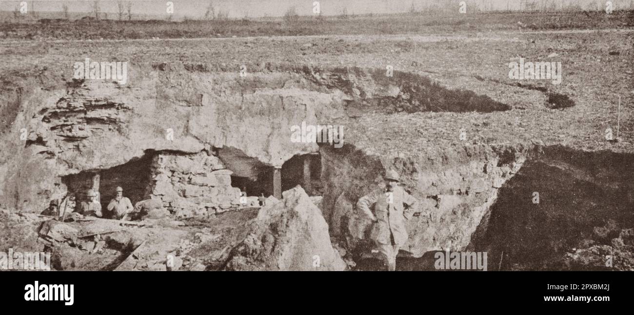 World War I. From April 16 to April 30 , 1917 One of these pits or quarries dug in the chalk rocks of the Cliffs of the Aisne River, where the enemy (Germans) had small shelters protected from artillery by their depth: he was forced to leave it on the 16th before the advance of our troops, not without partially blowing it up. Stock Photo