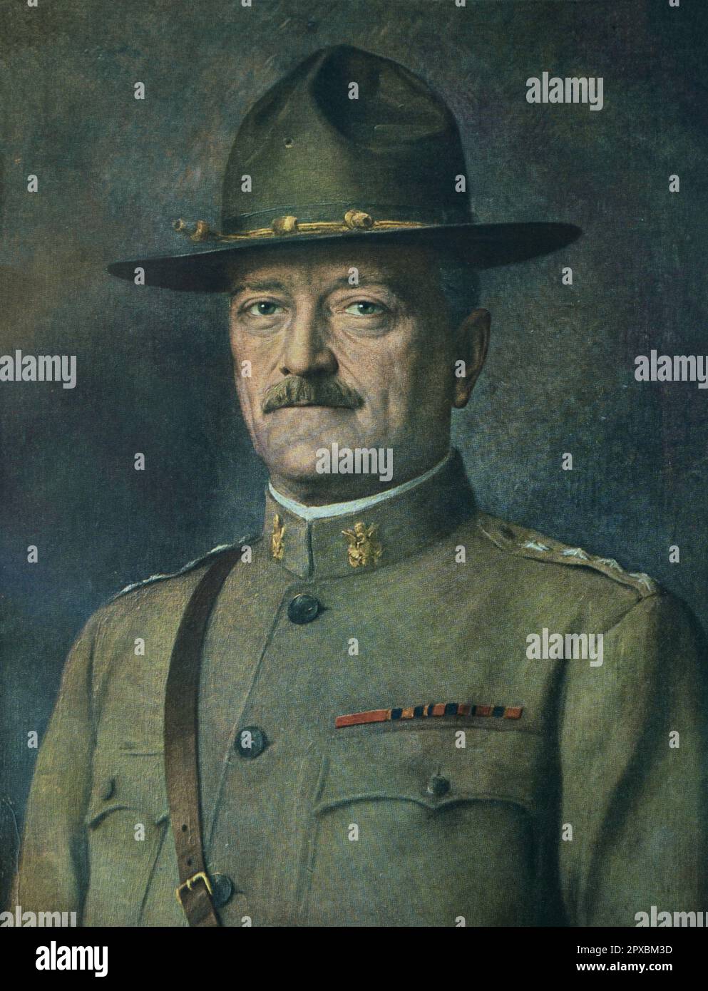 General Pershing.  General of the Armies John Joseph Pershing GCB (1860–1948), nicknamed 'Black Jack', was a senior United States Army officer. He served most famously as the commander of the American Expeditionary Forces (AEF) on the Western Front during World War I, from 1917 to 1918. In addition to leading the AEF to victory in World War I, Pershing notably served as a mentor to many in the generation of generals who led the United States Army during World War II, including George C. Marshall, Dwight D. Eisenhower, Omar Bradley, Lesley J. McNair, George S. Patton and Douglas MacArthur. Stock Photo