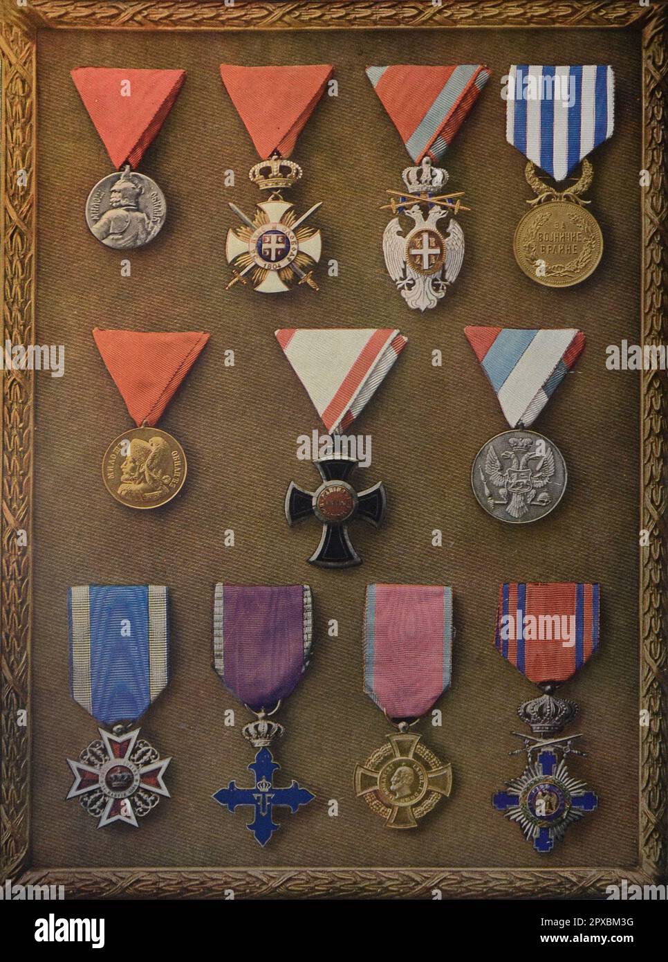 World War I. War decorations. Serbia - Montenegro - Romania From Left to right (at the top), Serbia: medal of bravery; Order of Karađorđe's Star; Order of the White Eagle; medal of military virtue. - (in the middle), Montenegro: Obilić Medal or Medal for Bravery 'Miloš Obilić'; Order of Prince Danilo I; medal for bravery. - (bottom), Romania: Order of the Crown of Romania; cross of Michael the brave; cross of military virtue; Order of the Star of Romania Stock Photo