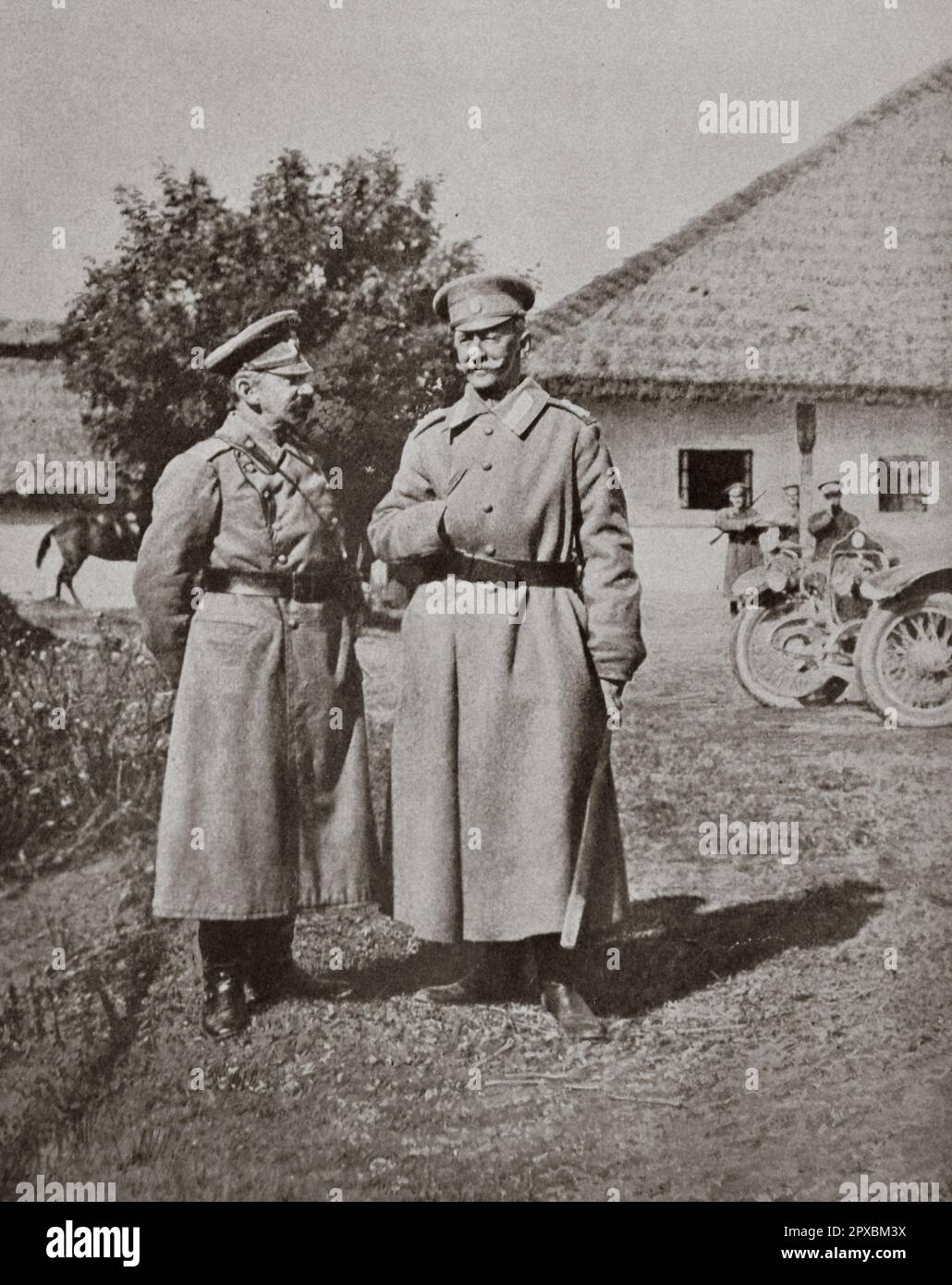 World War I. General Brusilov (right) and General Gourko (left). Aleksei Alekseyevich Brusilov (1853–1926) was a Russian and later Soviet general most noted for the development of new offensive tactics used in the 1916 Brusilov Offensive, which was his greatest achievement.  Vasily Iosifovich Romeyko-Gurko (1864–1937) served for a brief period as a Chief-of-Staff of the Imperial Russian Army before being forced out of the country in exile following the October Revolution of 1917. Stock Photo