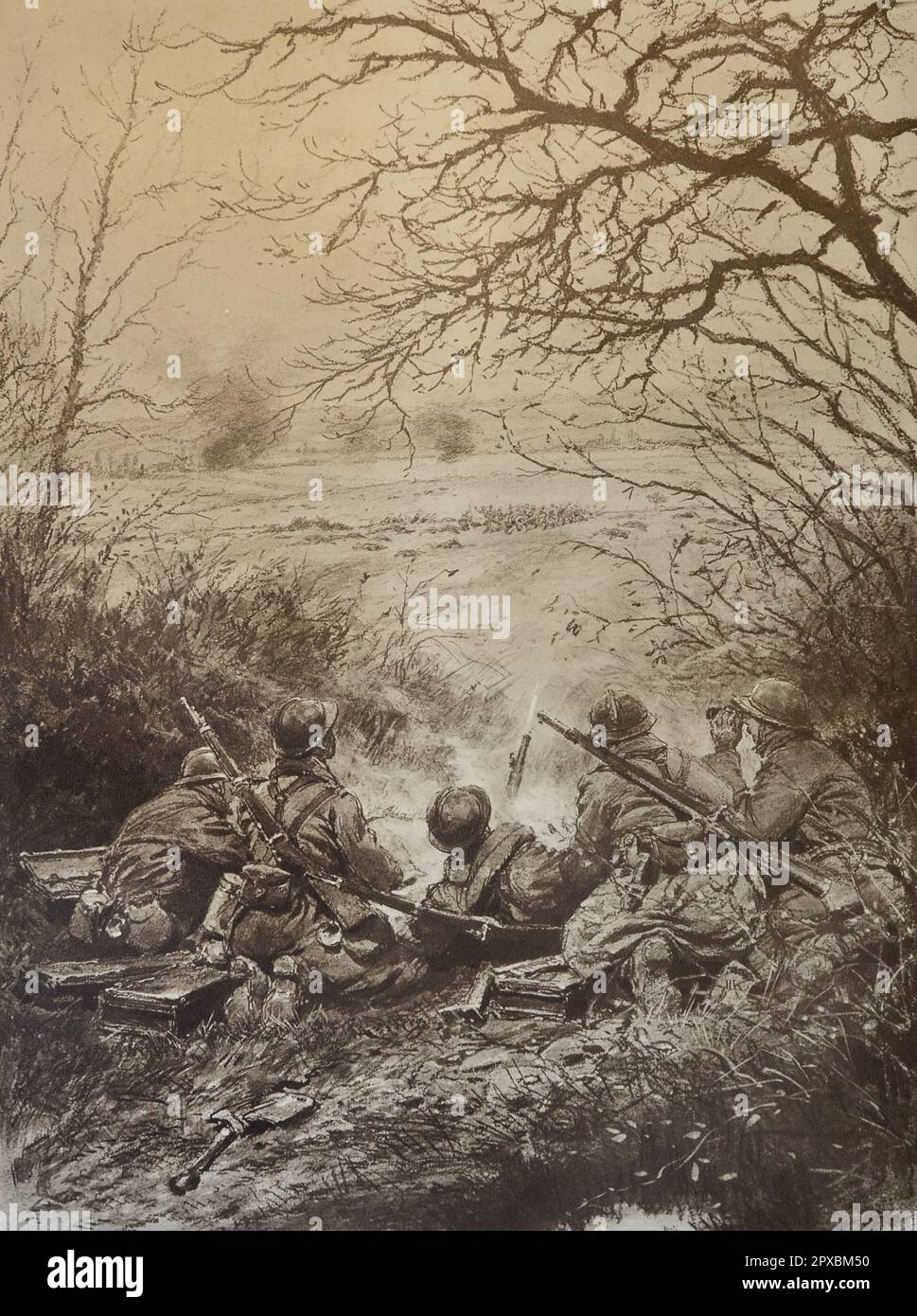World War I. The German assault troops, advancing in open ground, are mowed down by French machine guns. By Georges Scott Stock Photo