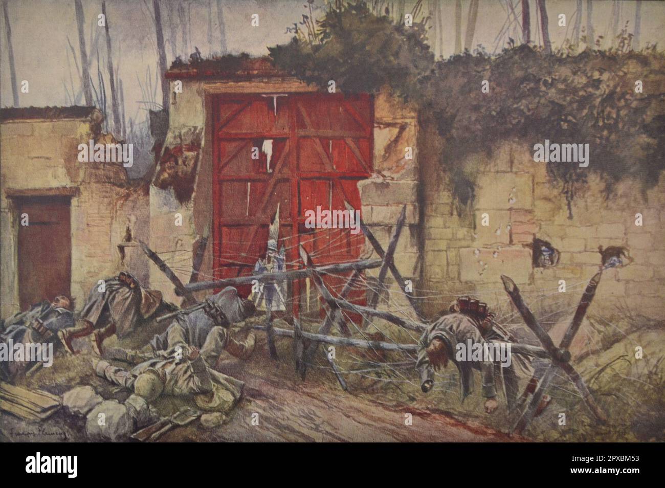 World War I. On the battlefields of 1918. By François Flameng A gate to the park of the castle of Plessis-de-Roye. Stock Photo