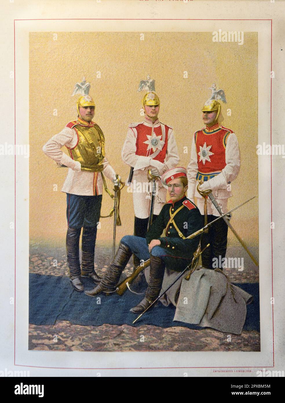 Imperial Russian Army. Chevalier Guard Regiment. Chevalier Guard Regiment of HM The Empress Maria Fedorovna. Officer and soldiers in various outfits. Stock Photo