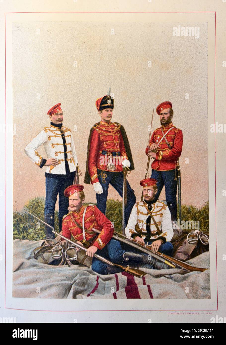 Imperial Russian Army.  His Majesty's Hussar Life Guards Regiment. Officers and lower ranks in various outfits. His Majesty's Life Guards Hussar Regiment (until 1855 – the Hussar Life Guards Regiment) was a Guards Hussar regiment of the Army of the Russian Empire. Stock Photo