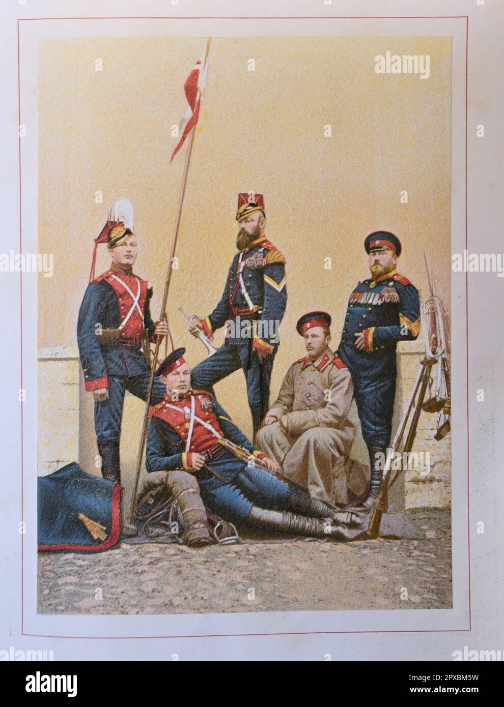 Imperial Russian Army. Guards Cavalry Regiment of lancers of H.M. The Empress Alexandra Fedorovna. Officers and low ranks in various outfits. Stock Photo