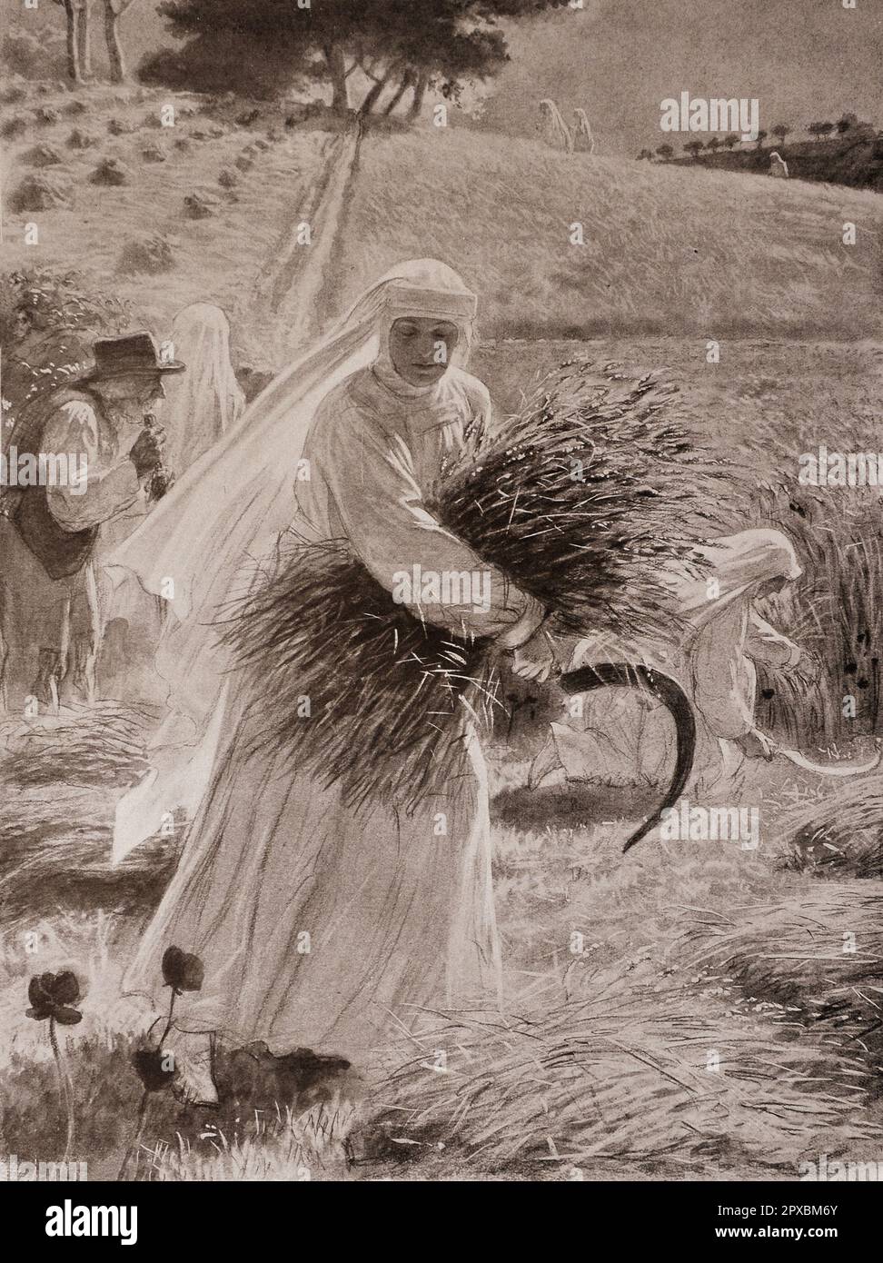 World War I. Church at war. To serve too. The Franciscan women at the harvest. J. Simont Stock Photo